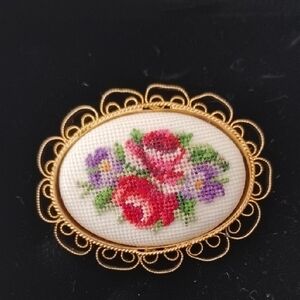 Vintage Petit Point  Gold Tone Floral Brooch